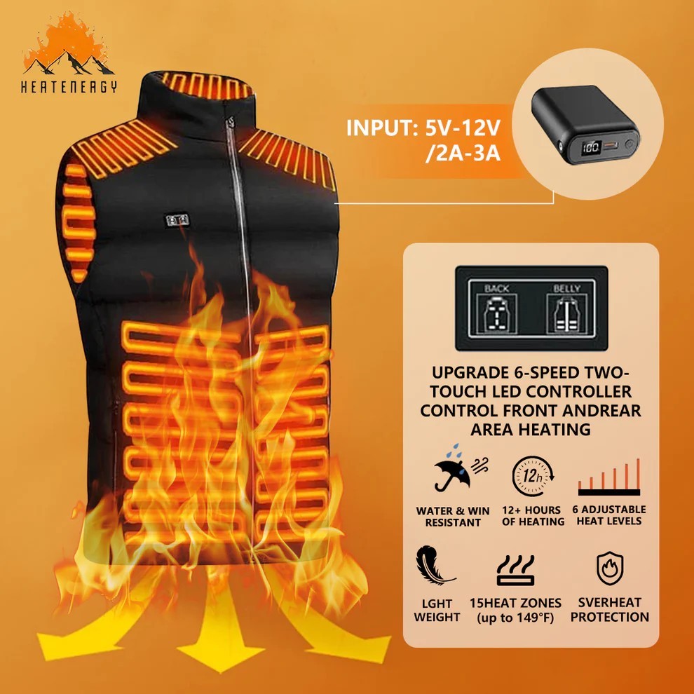 2025 Smart Heated Vest – 15-Zone Dual-Touch LED Control